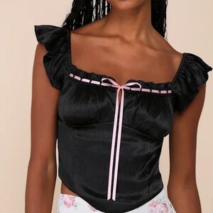 New Lulu's Radiating Elegance Satin Black Bow Top XS